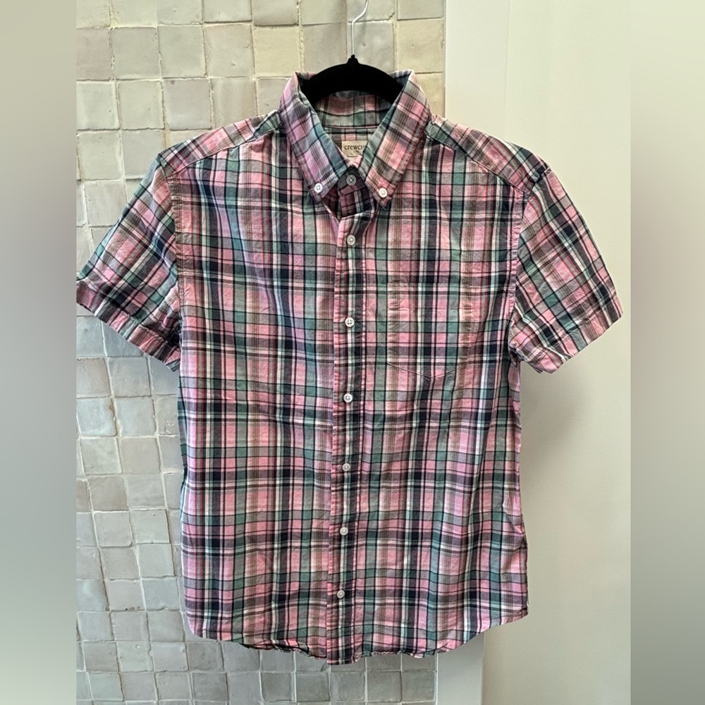 Crewcuts J.Crew Boys Plaid Button Down Shirt Size 14 Pink Green Short Sleeve